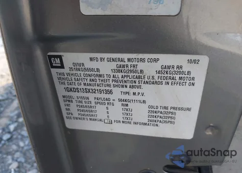 2003 GMC Envoy Sle z USA, uszkodzony, nr VIN 1GKDS13SX32191356